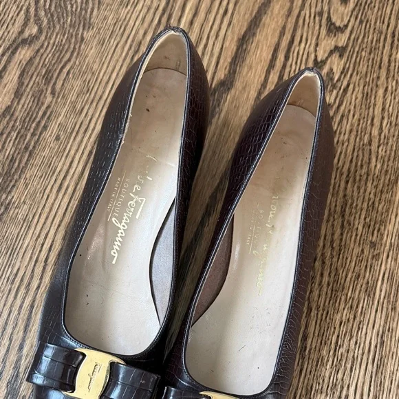 Salvatore Ferragamo Dark Brown Croc-Embossed Heels - Picture 3 of 15